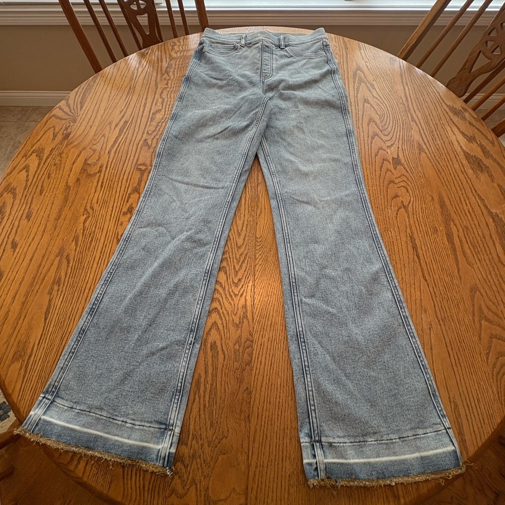 Spanx Flare Jeans High Waist Raw Hem Light Wash Size L EUC Measurements